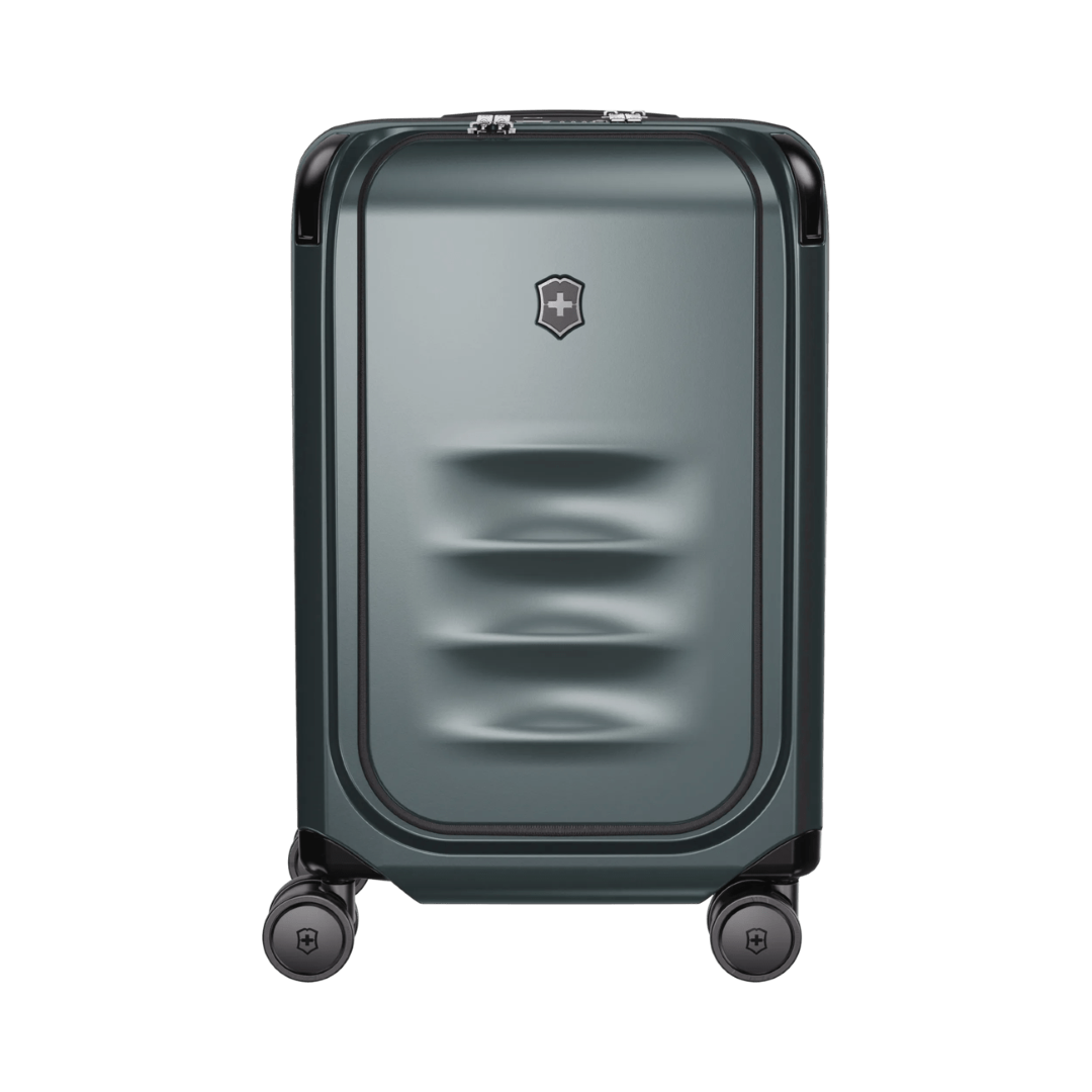 VICTORINOX Spectra 3.0 Frequent Flyer Carry-On in Storm, eco-friendly, expandable, with quick-access front compartment and smooth wheels.