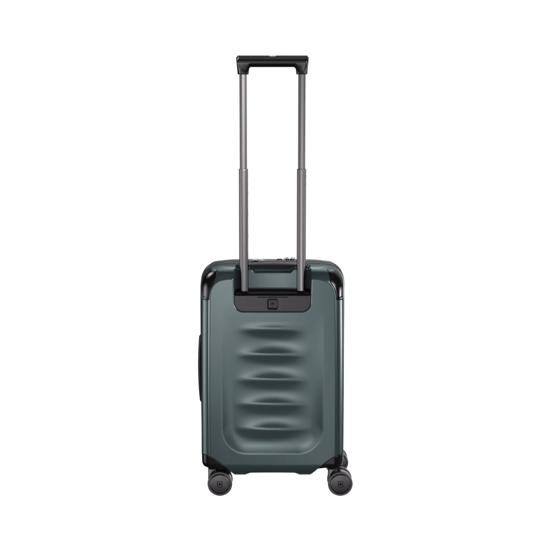 Sleek green carry-on suitcase with 8 wheels, expandable design, and quick-access front compartment for organized travel.