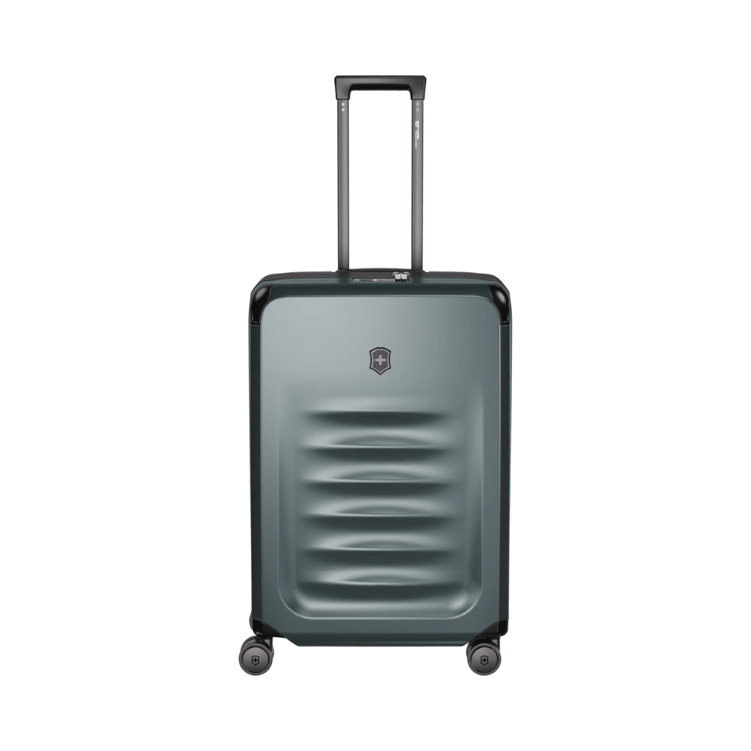 Durable VICTORINOX Spectra 3.0 Medium Hardside Case in Storm, expandable design, 8 dual-caster wheels, eco-friendly material.