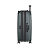 Hardside travel case in Storm color, made from recycled polycarbonate, expandable by 40%, features 8 wheels for easy maneuverability.