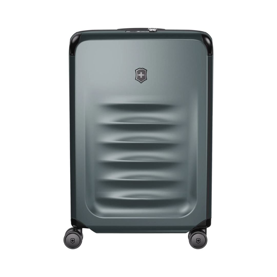 VICTORINOX Spectra 3.0 Medium Hardside Case in Storm, eco-friendly polycarbonate, 8-wheel design, expands for added capacity.