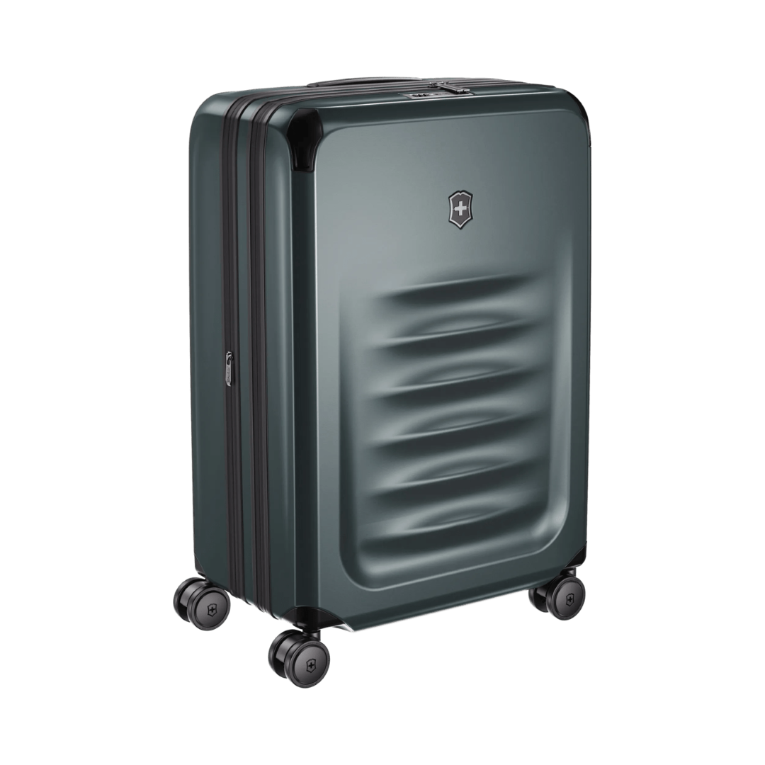 VICTORINOX Spectra 3.0 Medium Hardside Case in Storm, made from recycled polycarbonate, expandable, with smooth dual-caster wheels.