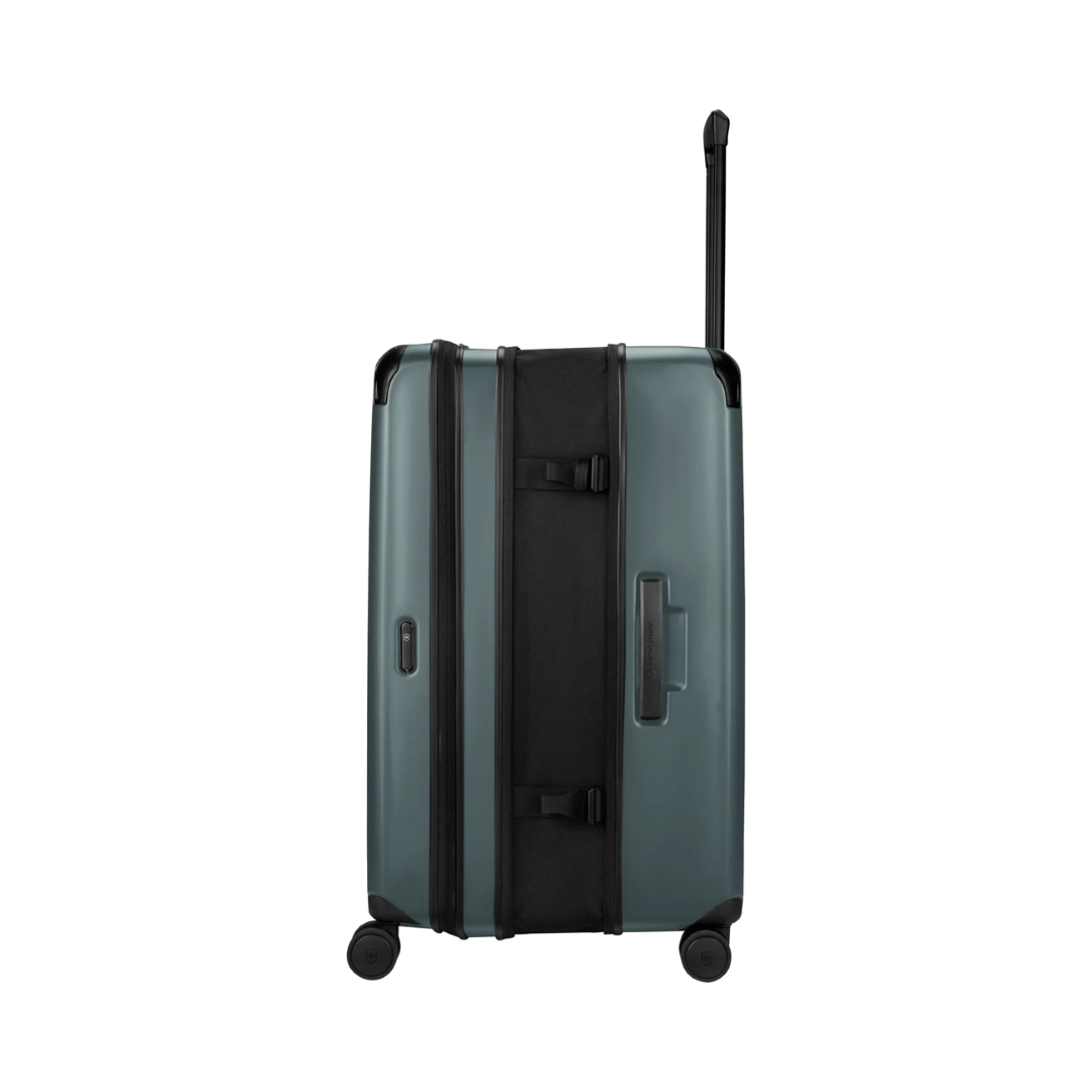 VICTORINOX Spectra 3.0 Large Hardside Case in Storm, durable, eco-friendly, expandable, with 8-wheel spinner system for easy travel.