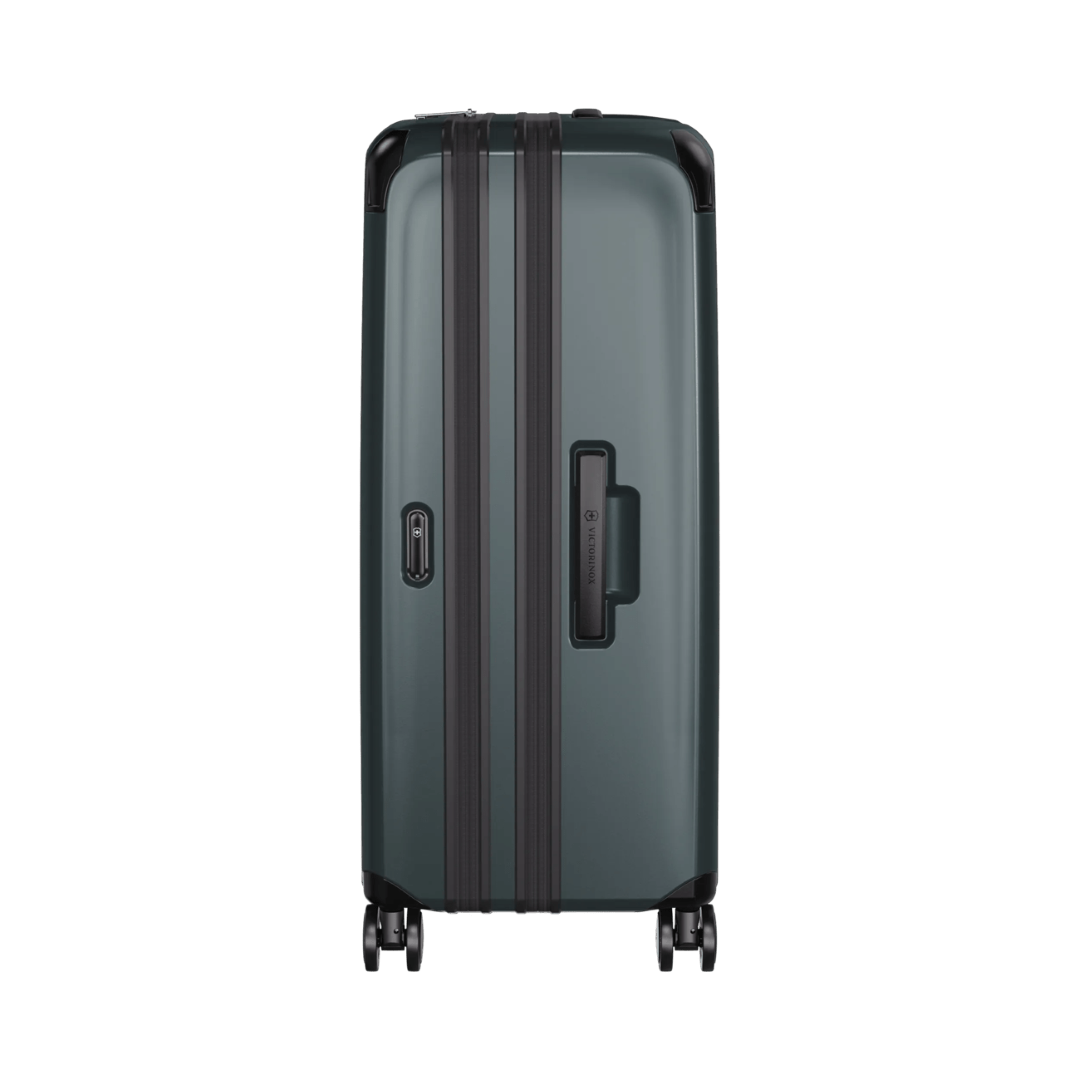 Green VICTORINOX Spectra 3.0 Large Hardside Case, featuring SORPLAS™ material, 8-spinner wheels, and expandable design for 143L capacity.