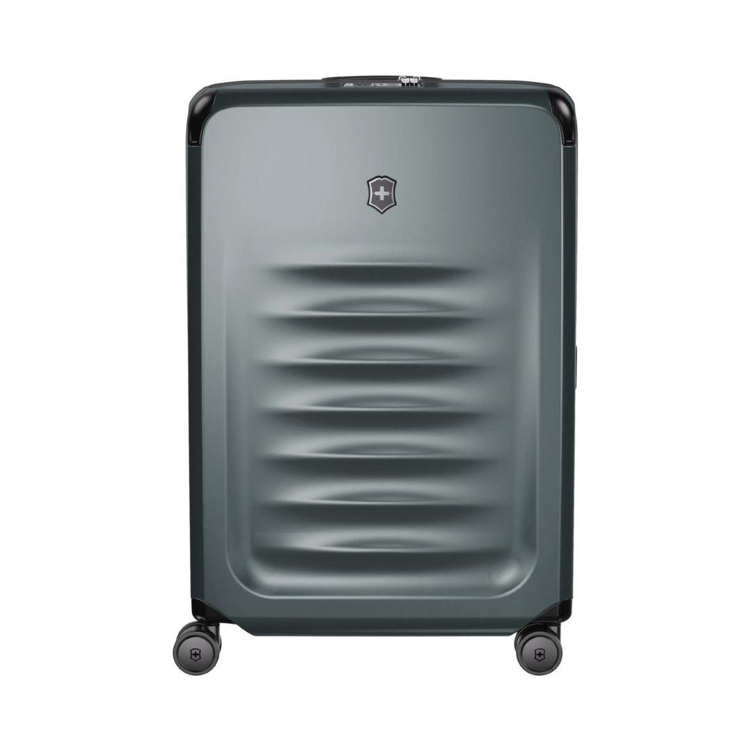 Robust VICTORINOX Spectra 3.0 Large hardside case in storm, expandable for up to 143L capacity, with 8-wheel spinner system.