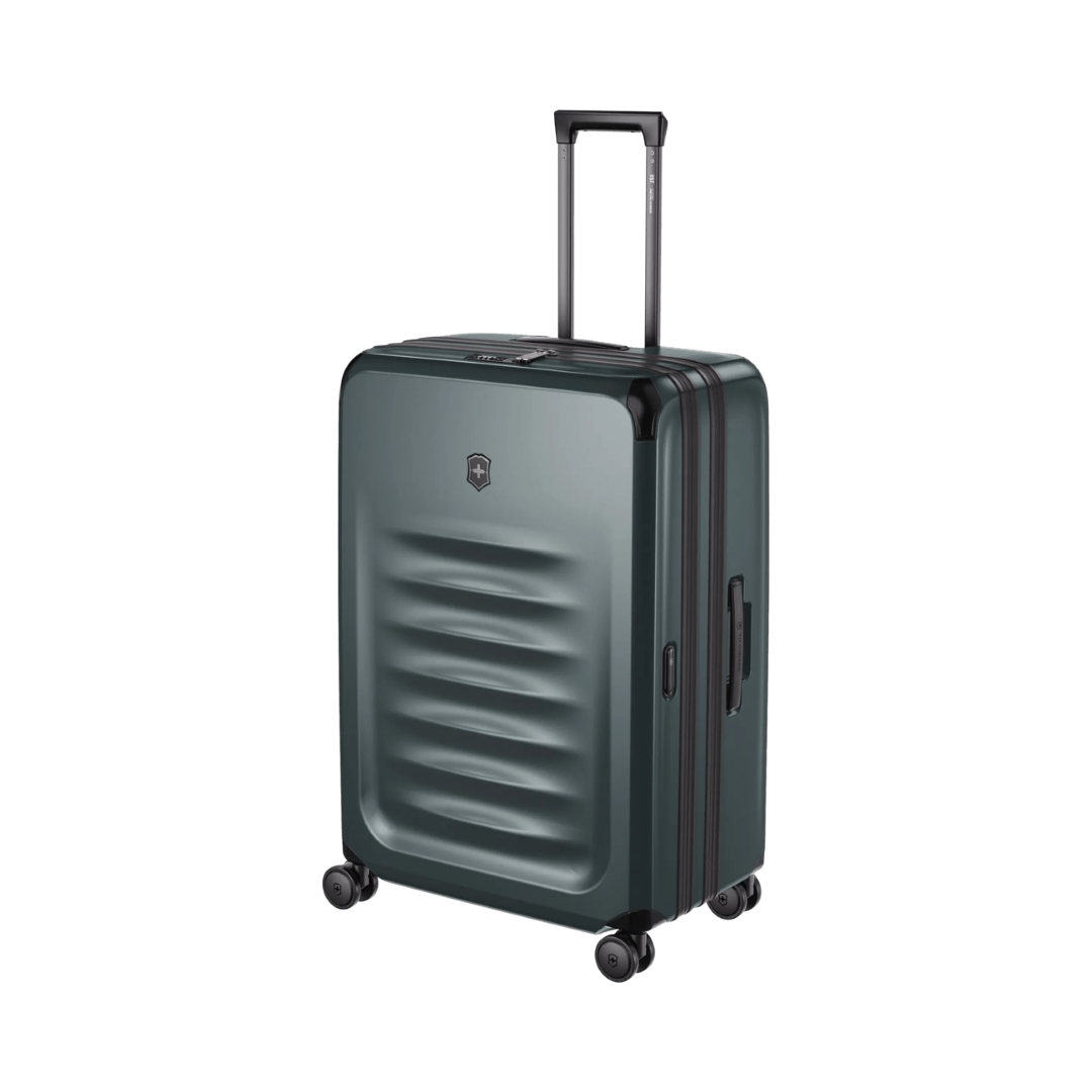 VICTORINOX Spectra 3.0 Large hardside case in Storm with 8 wheels, expandable design, and eco-friendly SORPLAS material.