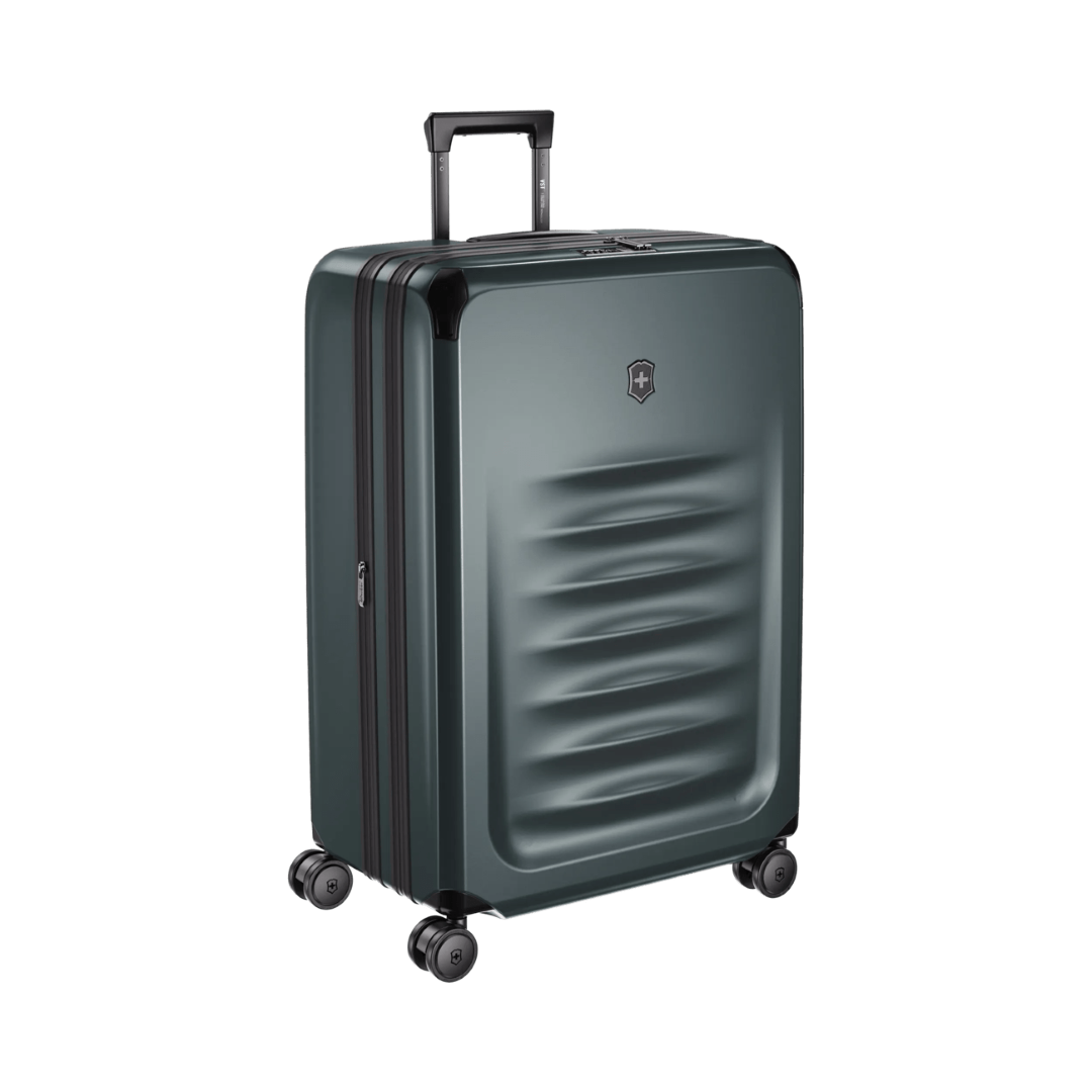 VICTORINOX Spectra 3.0 Large Hardside Case in Storm, eco-friendly polycarbonate, expandable, 8-wheel spinner, sleek design.