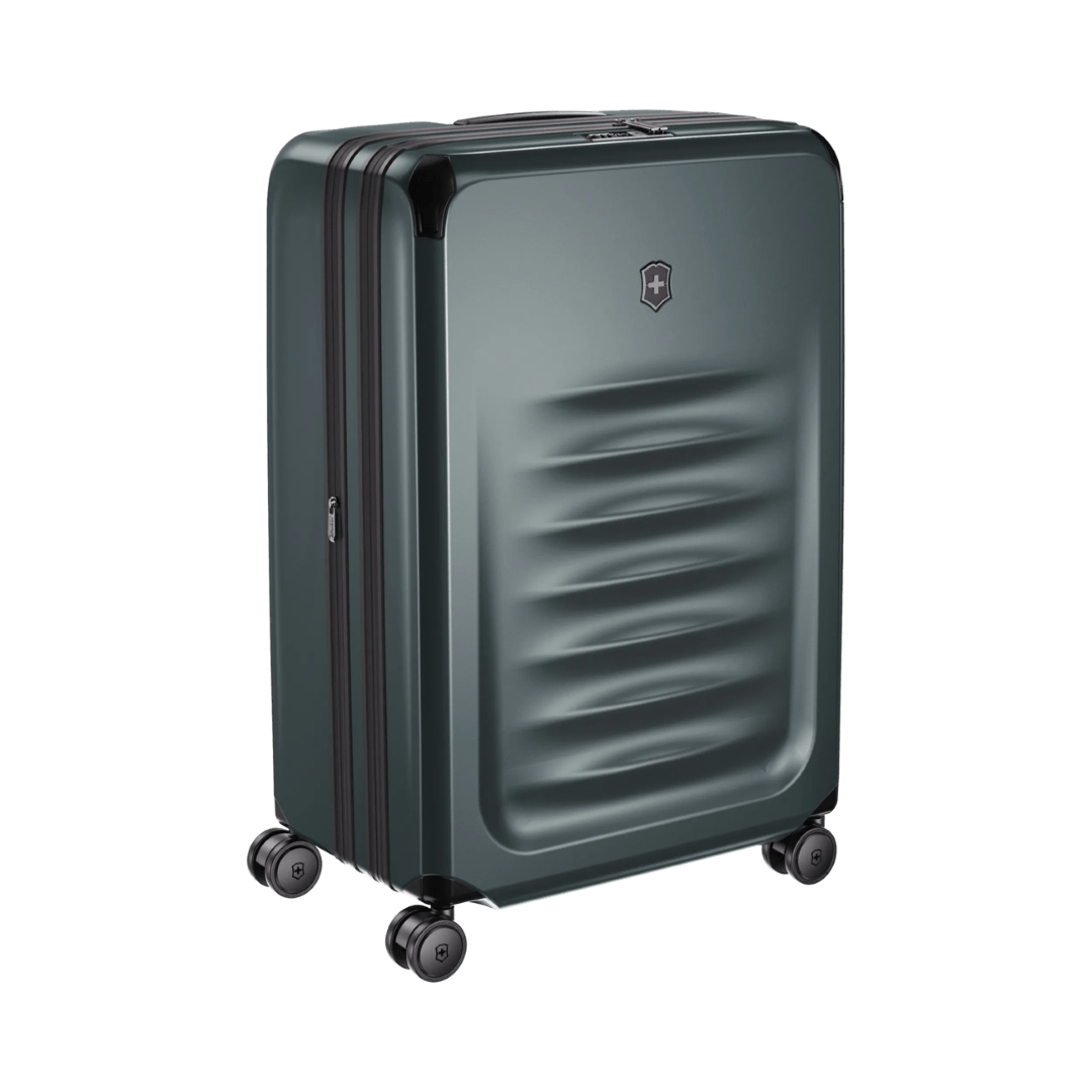 VICTORINOX Spectra 3.0 Large Hardside Case in Storm, eco-friendly design, 8-wheeled spinner, expandable from 103L to 143L.