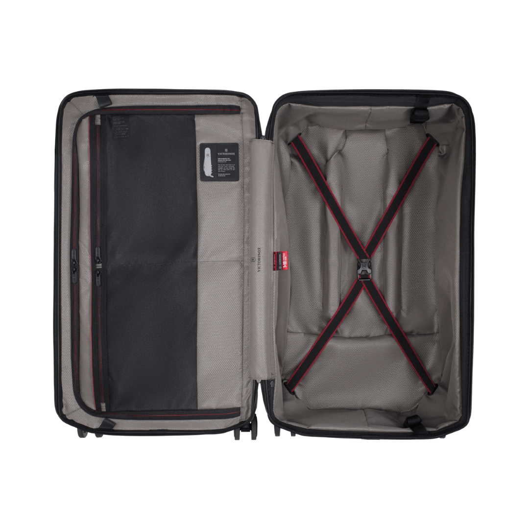 Durable VICTORINOX Spectra 3.0 Large Hardside Trunk in Storm with 99L capacity, dual-tube handle, and 8-wheel spinner system.