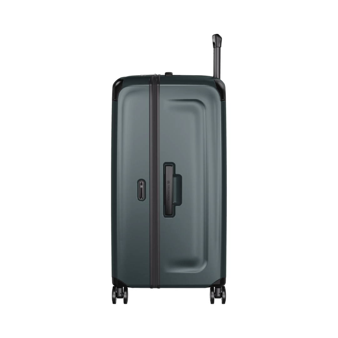 Hardside suitcase in Storm color, made from recycled polycarbonate with 99L capacity, 8 wheels, and organized packing features.