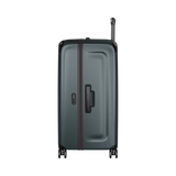 Hardside suitcase in Storm color, made from recycled polycarbonate with 99L capacity, 8 wheels, and organized packing features.