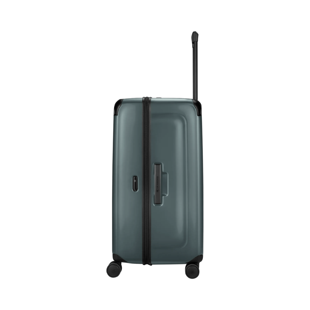 VICTORINOX Spectra 3.0 Large Hardside Trunk in Storm, featuring durable SORPLAS™, 99L capacity, 8 wheels, and organized packing design.