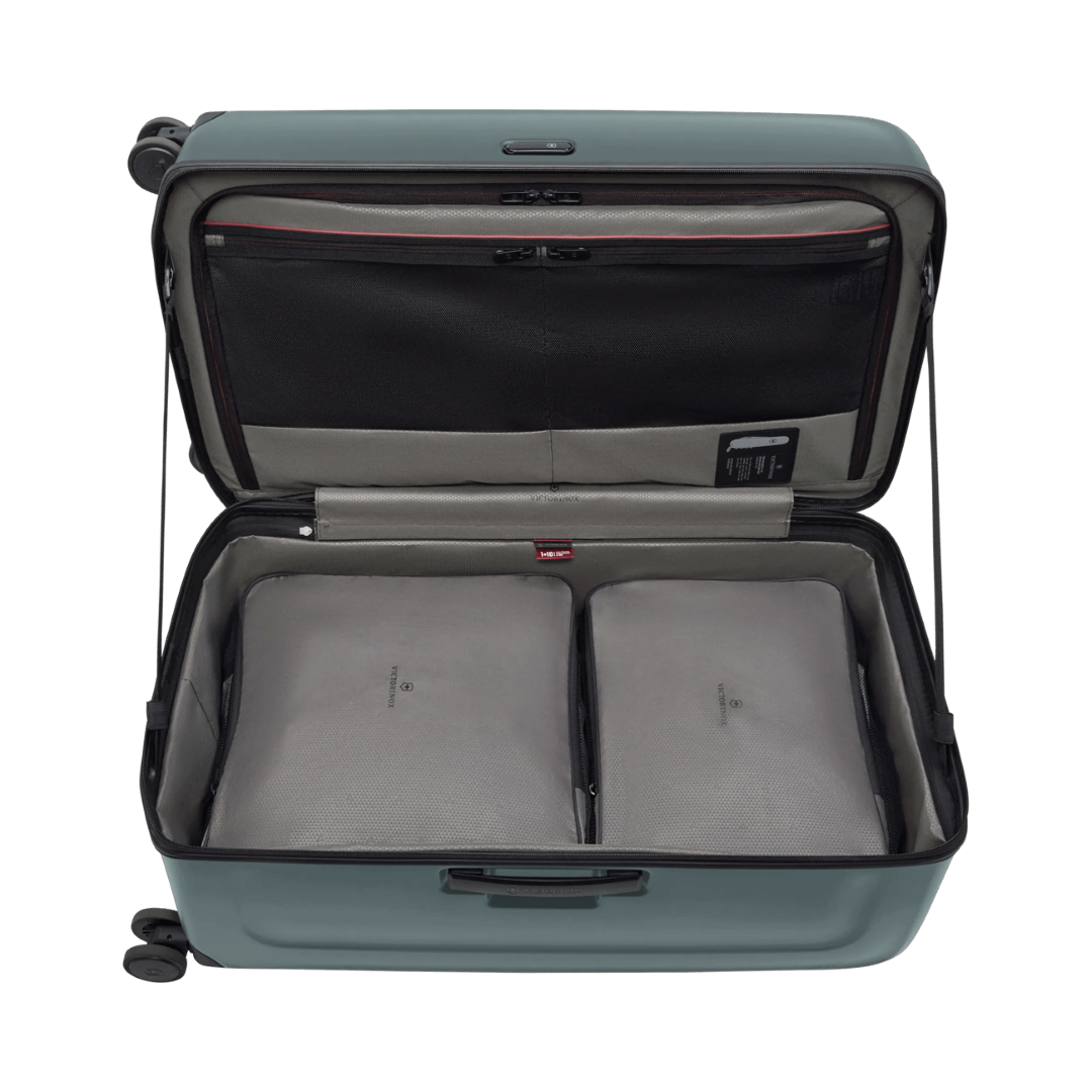 VICTORINOX Spectra 3.0 Large Hardside Trunk in Storm, featuring durable SORPLAS, 99L capacity, and 8-wheel spinner system.