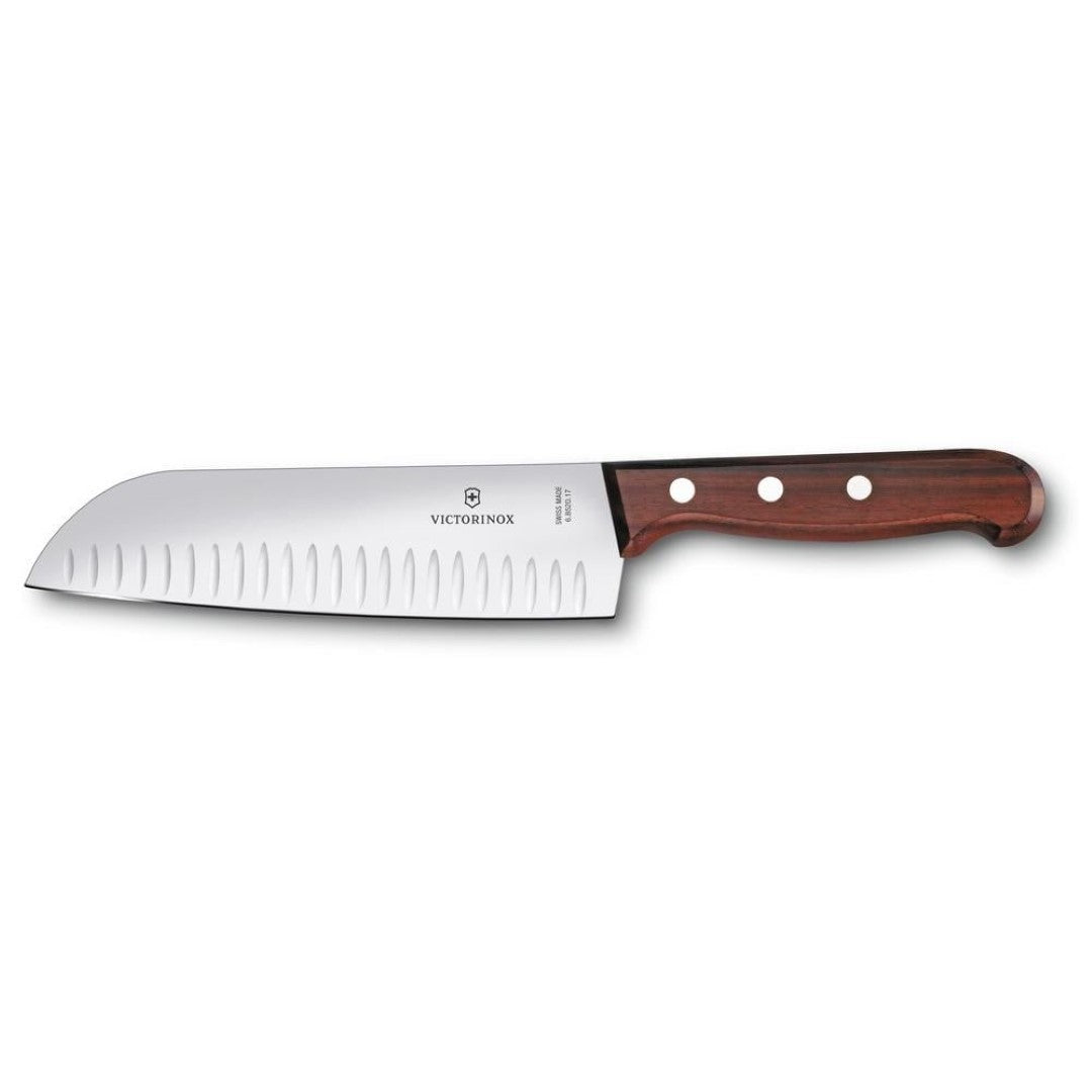 Santoku fluted knife with a 17cm wooden blade, designed for precise slicing, featuring an ergonomic grip for comfort.