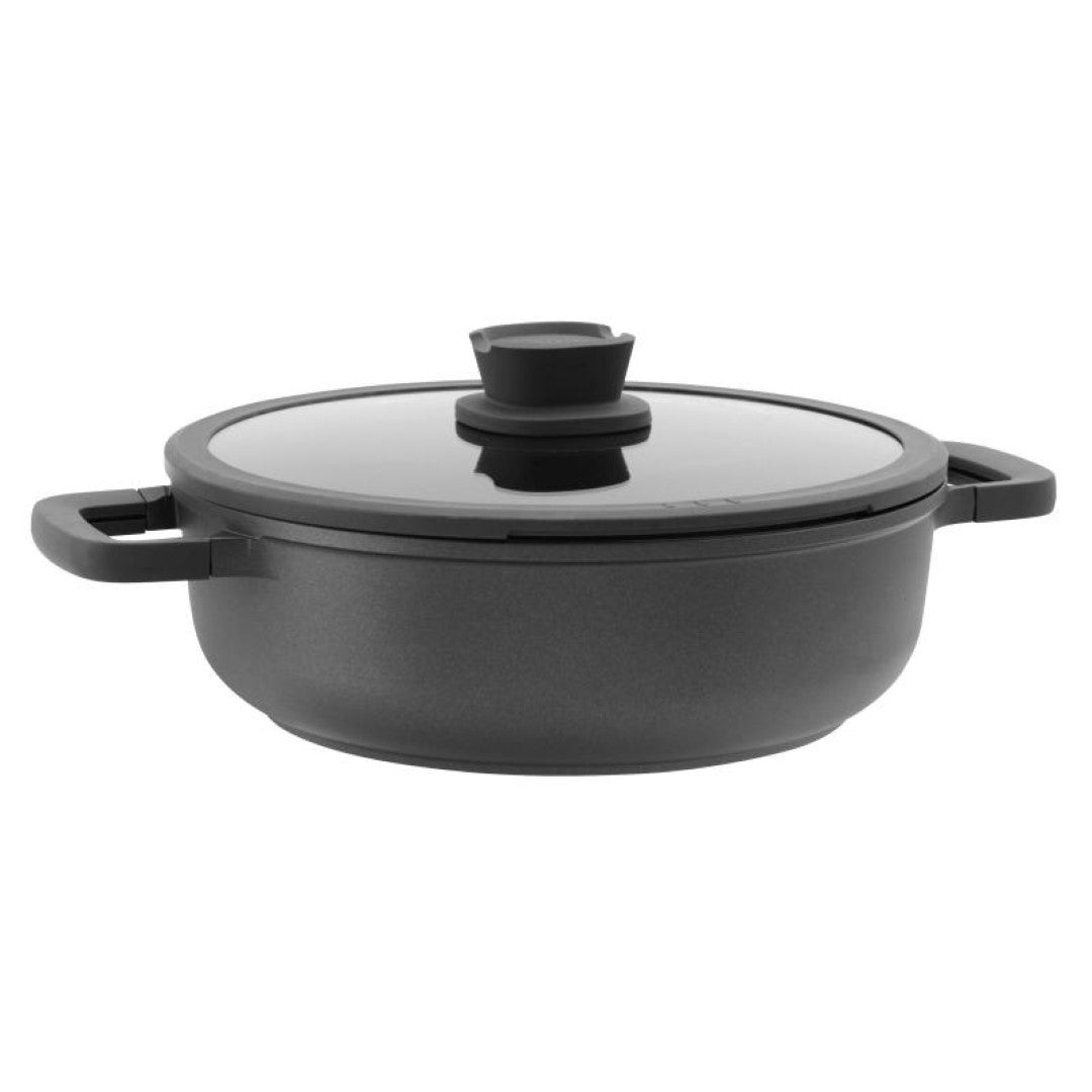 BergHOFF Stone+ 28cm sauté pan with non-stick coating, glass lid, and eco-friendly recycled aluminum for versatile cooking.