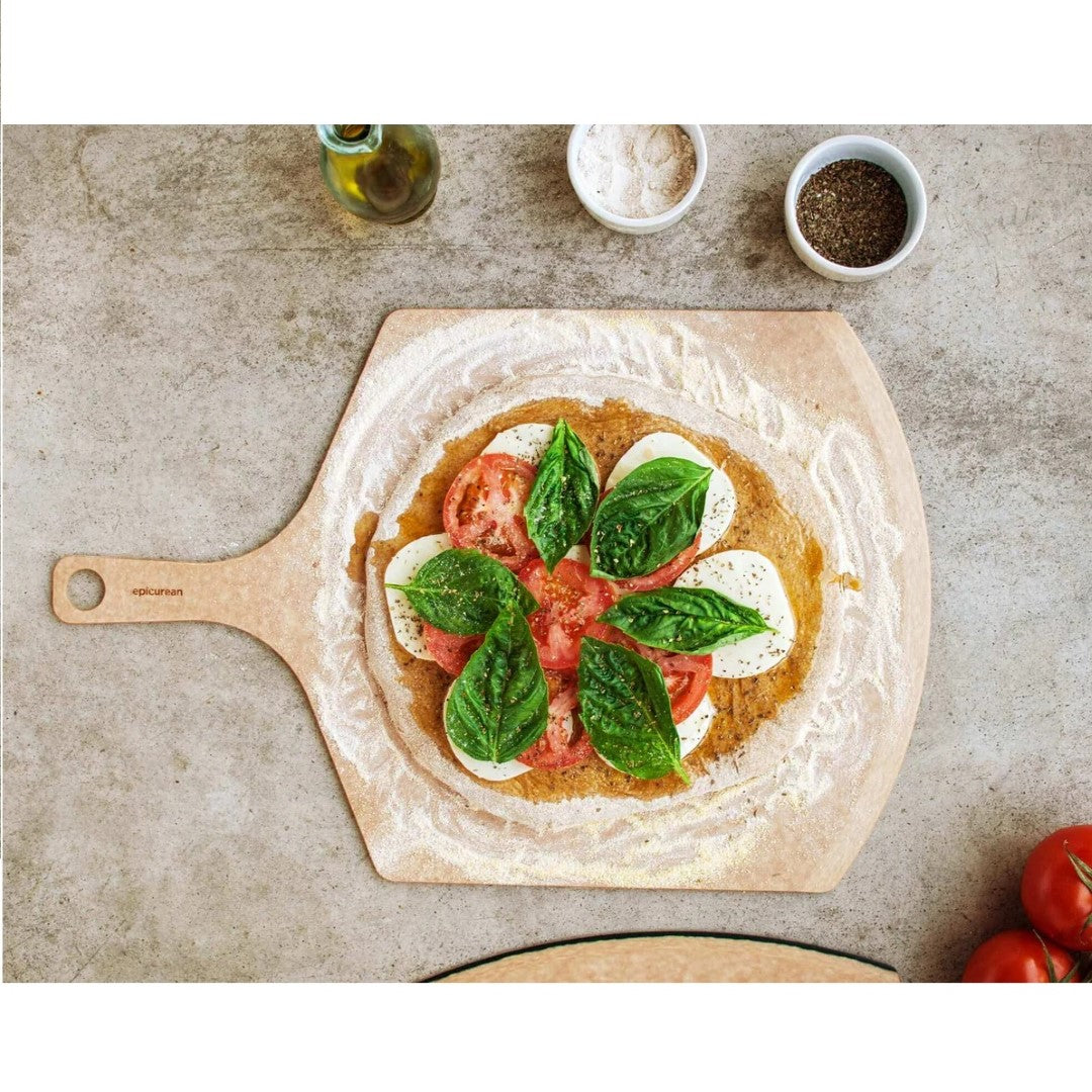 Natural Epicurean pizza peel board, 49.5 x 30.5 x 0.5cm, dishwasher safe, knife safe, and maintenance-free design.