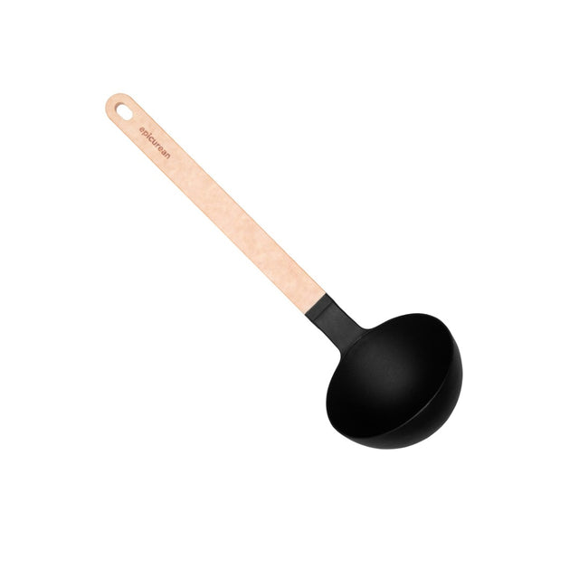 Natural Epicurean gourmet ladle with nylon head, sturdy composite handle, built-in kickstand, heat resistant to 500F.