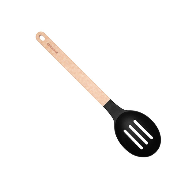 Natural wooden slotted spoon from Epicurean, heat resistant, ergonomic design with kickstand, dishwasher safe, 33.5 x 0.6cm.