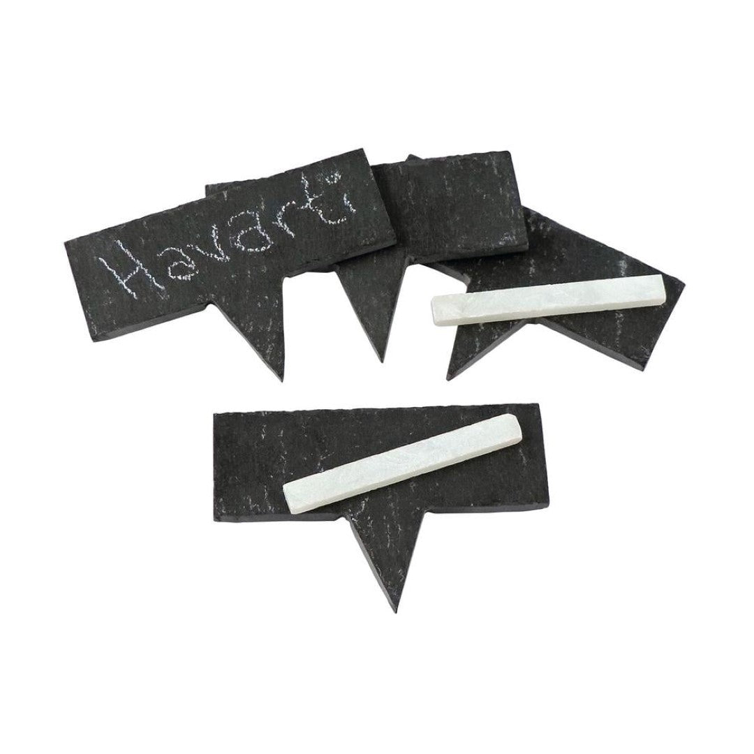 Set of six Swissmar slate cheese markers with chalk for elegant cheese labeling and stylish presentations.