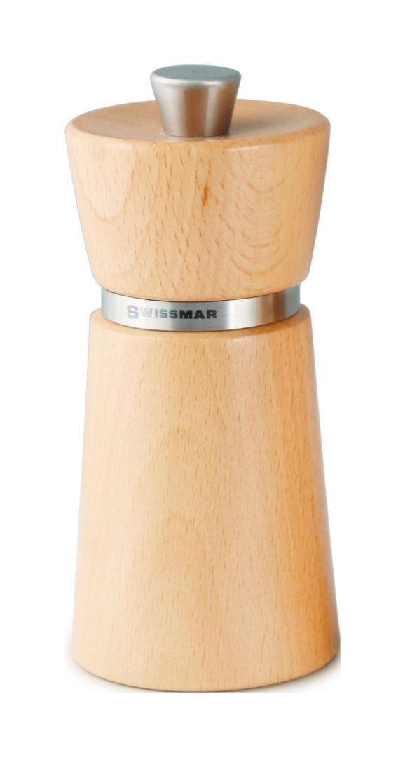 Natural wood pepper mill, 12cm tall, featuring adjustable grind and ergonomic design for effortless seasoning in any kitchen.