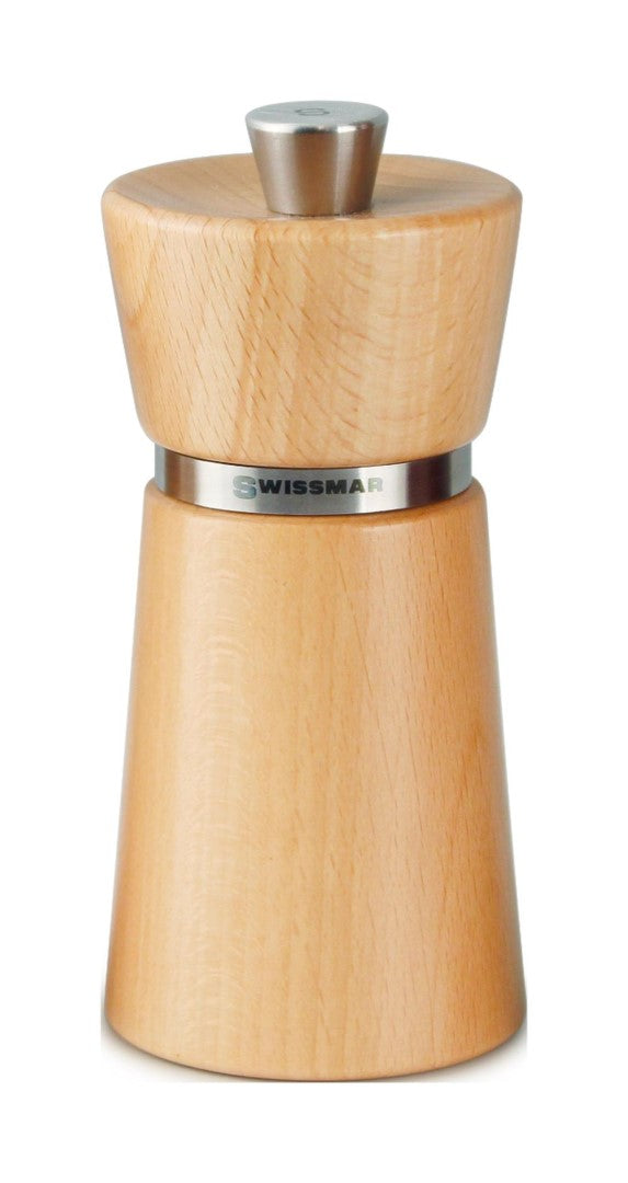 Natural wood SWISSMAR Montebello salt mill, 12cm, features ceramic grinding for precision seasoning in a classic design.