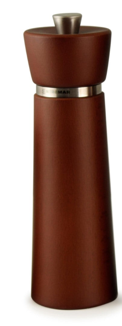 Chestnut-colored 18cm SWISSMAR Montebello pepper mill, perfect for seasoning dishes with style.