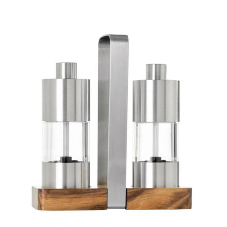 Salt and pepper mill set with adjustable CeraCut® ceramic grinder and transparent acrylic container, 13cm tall.