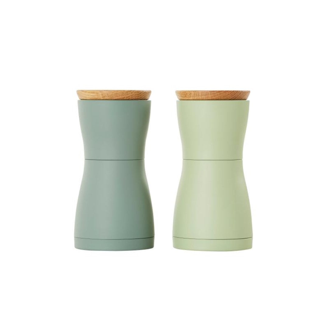 Salt and pepper mill set in green, 13.3cm tall, with adjustable CeraCut® ceramic grinder and clear acrylic container.