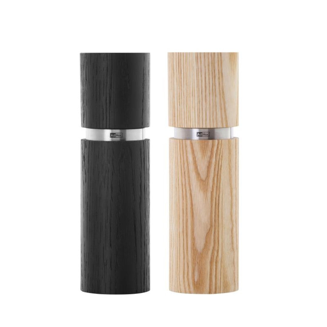 Adhoc Textura salt and pepper mill set in black and cream, 20cm height with adjustable ceramic grinders for fine to coarse settings.