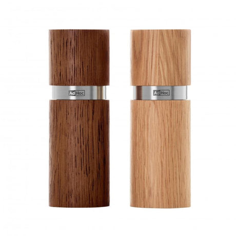 Brown salt and pepper mill set (13cm) with adjustable grinding and acrylic container for clear spice visibility.