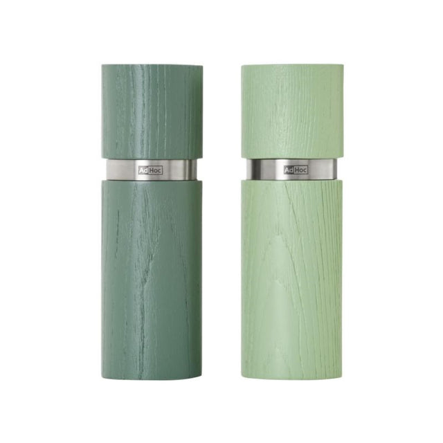 Elegant green salt and pepper mill set made of beech wood and stainless steel with adjustable ceramic grinder for perfect seasoning.