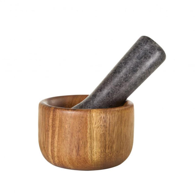 Elegant wooden mortar and granite pestle set for grinding herbs and spices, ergonomically designed for culinary enthusiasts.