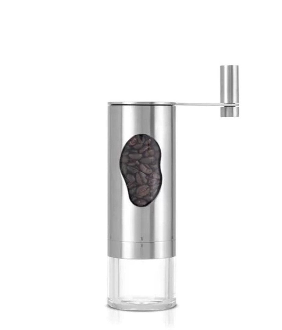 Stylish Adhoc Mrs. Bean coffee grinder in silver, featuring manual crank and adjustable grind settings for fresh coffee.