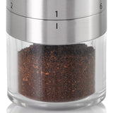 Stylish stainless steel coffee grinder with adjustable settings for perfect grind, designed for fresh aroma preservation.