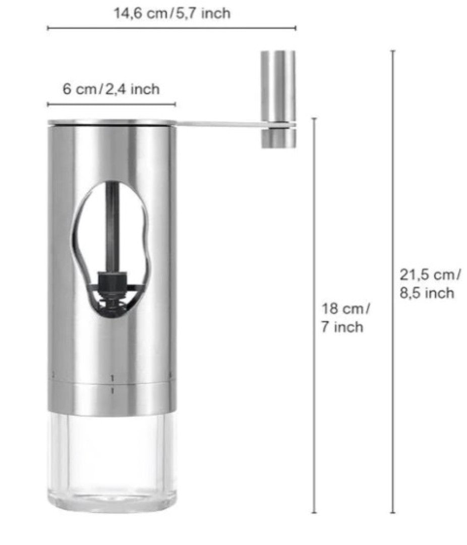 Elegant stainless steel and acrylic coffee grinder with adjustable settings for aroma-preserving grinding.