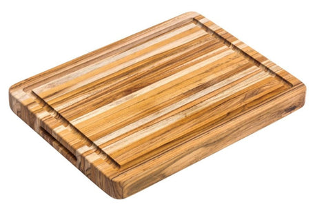 Traditional teak cutting board with juice canal, perfect for food prep and serving, measuring 41 x 31 x 3.8cm.