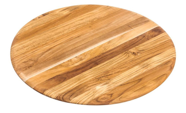 Elegant round teak cutting board measuring 46 x 1.5cm, perfect for serving, prepping, and enhancing kitchen decor.