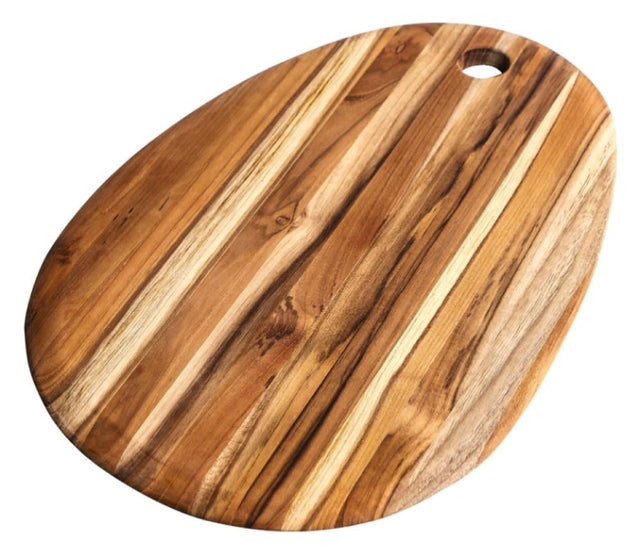 Elegant oval-shaped teak cutting board, 35 x 23 x 1.5cm, perfect for chopping and serving with a unique aesthetic.