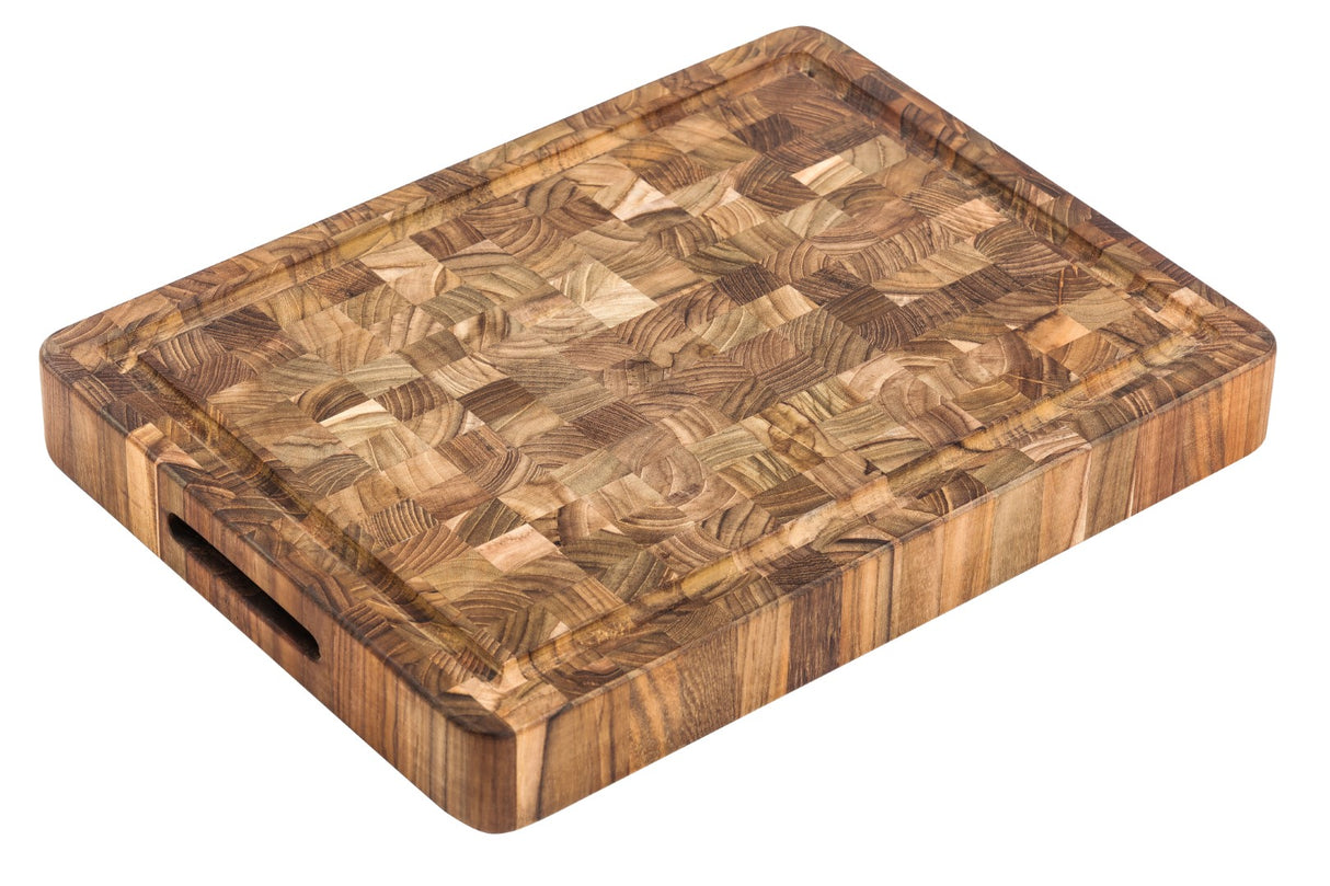 Rectangle teak butcher board (52 x 36 x 6.4cm), ideal for chopping, slicing, and dicing; durable and moisture-resistant.