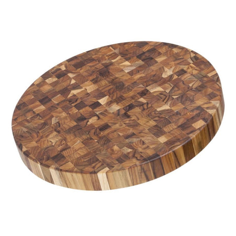 Round teak wood butcher block cutting board, 45.5 x 5.1cm, perfect for meal prep and elegant serving.