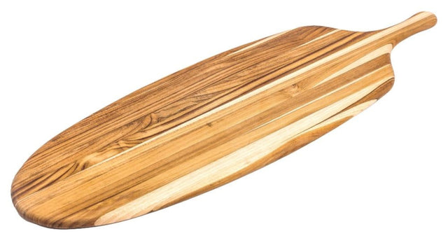 Canoe paddle-shaped teak serving board, 67 x 21.5 cm, ideal for cheese and appetizers, blending rustic charm with functionality.