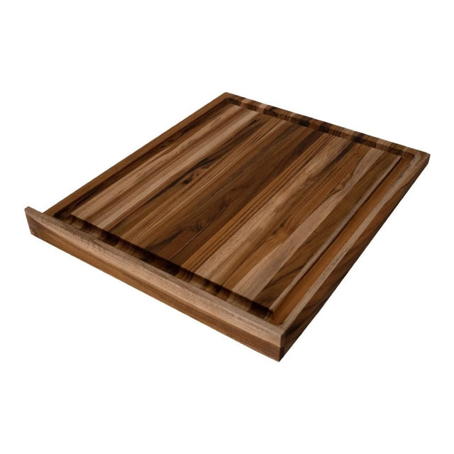 Double-sided teak countertop cutting board measuring 54 x 46 x 2.5 cm, ideal for food preparation and serving.