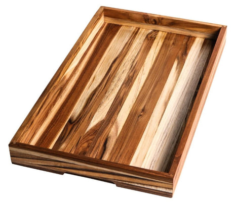 Elegant large teak serving tray with handgrips, perfect for easy handling and enhancing your home decor. Dimensions: 51 x 30.5 x 5cm.