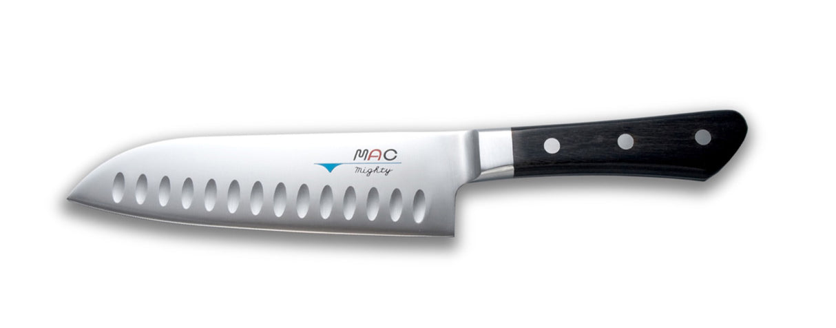 Santoku knife with Granton edge, 17cm blade designed for effortless slicing of fruits, vegetables, meats, and fish.