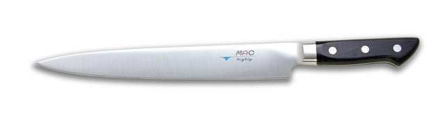 Sleek 26cm MAC Professional slicer knife for precise carving of roasts and filleting large fish.