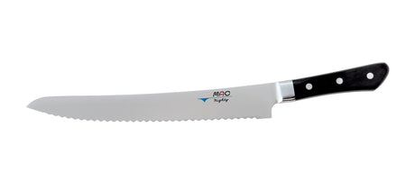 Professional 27cm MAC bread knife with scalloped serrations for effortless, thin slices of bread and roasts.