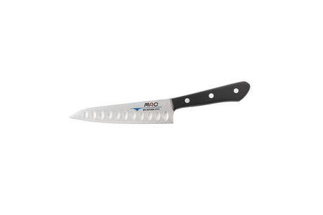 Lightweight 13cm MAC Chef TH-50 paring knife with a unique raised handle and dimpled blade for precision cutting.