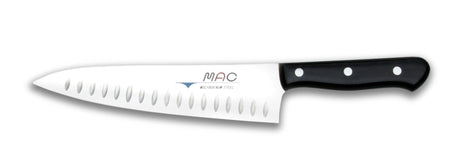 Premium 20cm MAC Chef TH-80 Granton Edge knife with hollow indentations for easy slicing, dicing, and chopping in the kitchen.