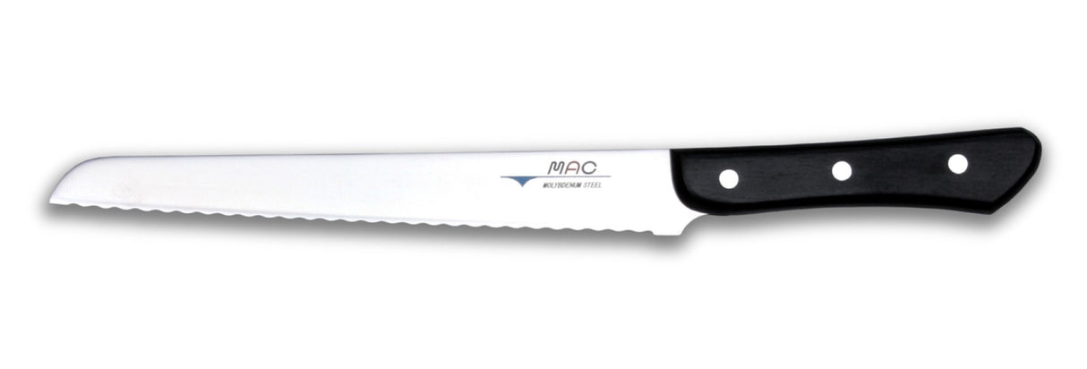 MAC Chef BS-90 Bread Knife with 22cm serrated blade for effortless, clean slicing of all bread types, featuring an ergonomic handle.