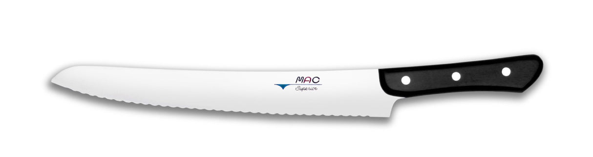 High-quality MAC Superior serrated bread knife with 10.75" scalloped blade, perfect for slicing bread and roasts effortlessly.